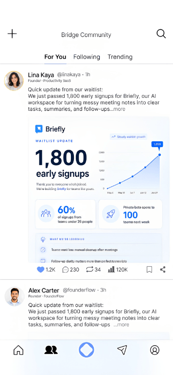 OBridge app — community feed where founders post updates and traction