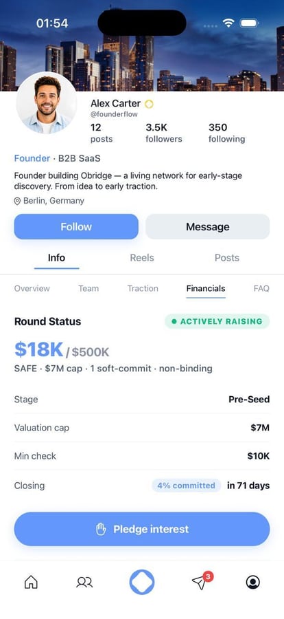 OBridge app — founder profile showing an active raise with round status and pledge button