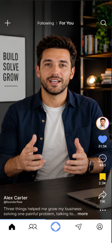 OBridge app — vertical video feed with a founder delivering a short-form pitch